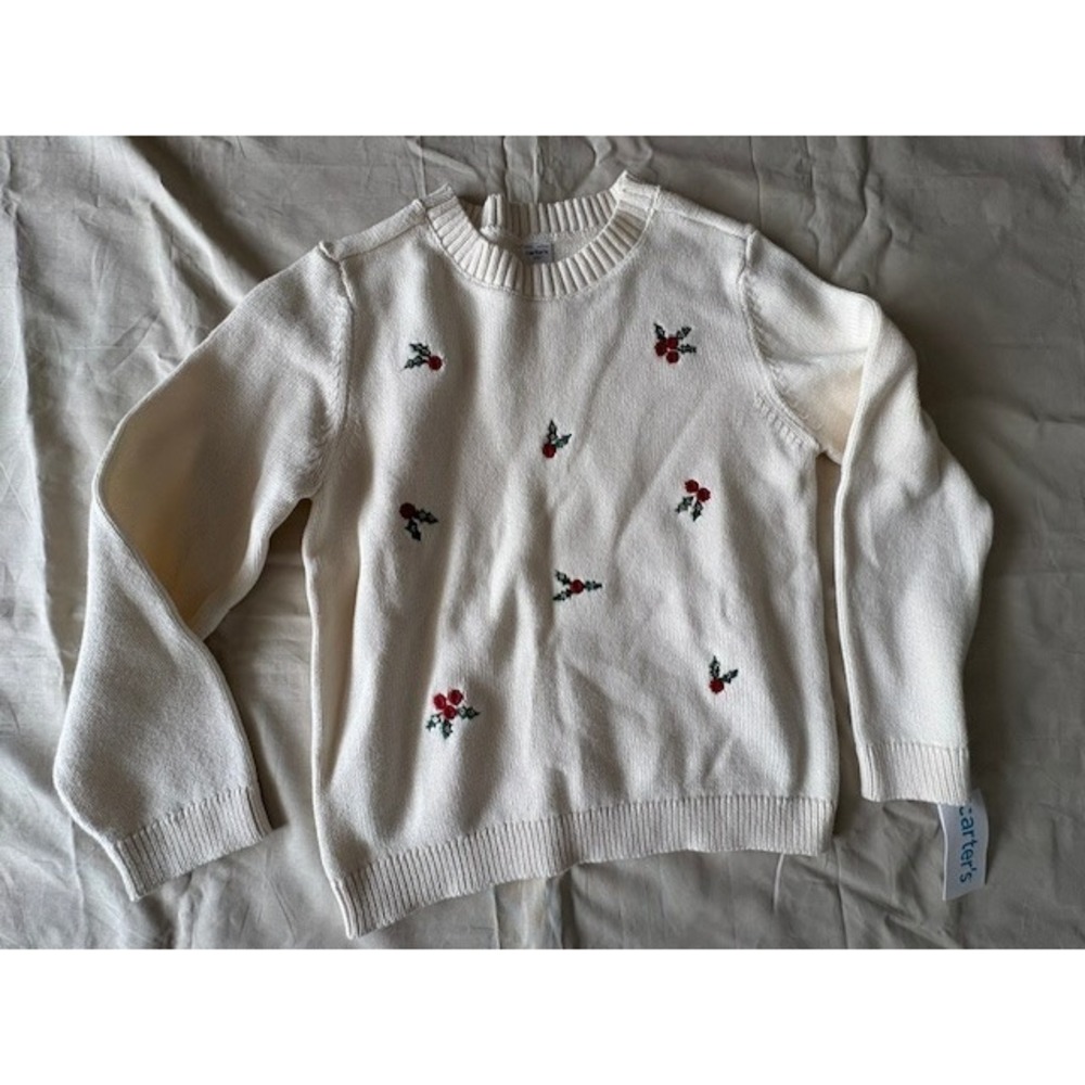 Carters Girls Christmas Holliday Knit Sweater Holly Embroidered Cream Size10 NWT